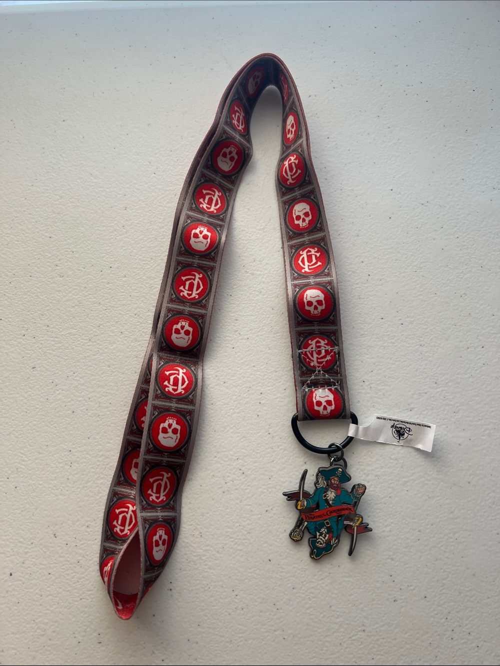 Pirate Skull Medal Pin Lanyard with Red Ribbon